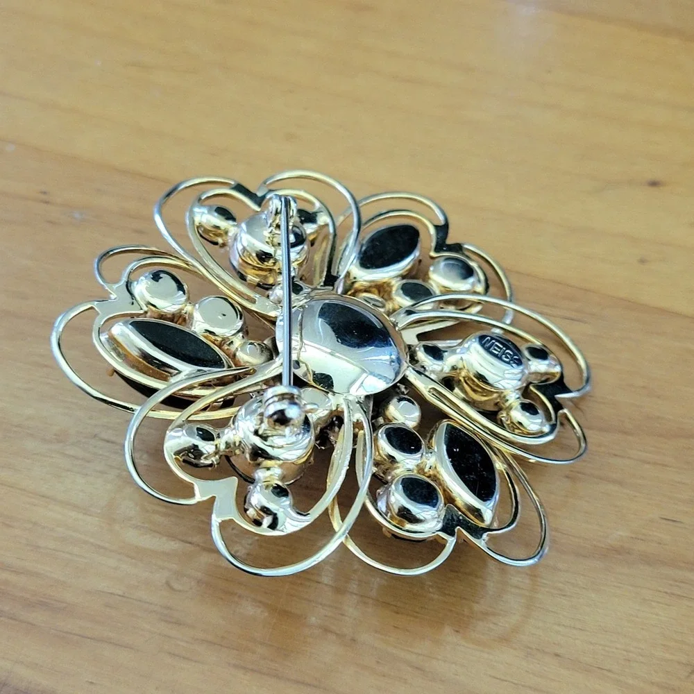 Vintage WEISS Black Rhinestone Flower Brooch Aurora Borealis Gold Tone Pin